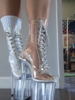 Pleaser Transparent Vinyl Lace-Up Platform Stiletto Boots